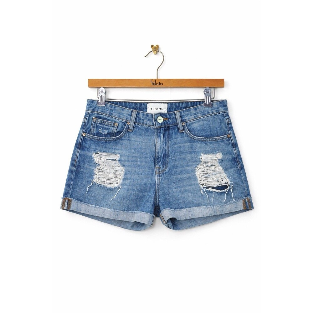FRAME Le Grand Garçon Denim Shorts Womens 26 Distressed Raw Hem Blue